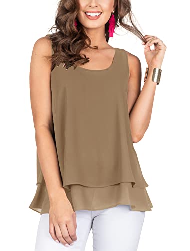 Floral Find Damen Chiffon Layered Tank Tops Sommer Ärmellos Rundhals Blusen Shirts, braun, Mittel von Floral Find