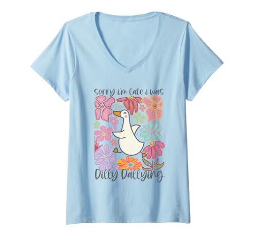 Damen Entschuldigung, ich Bin spät, Dilly Dallying, Funny Goose T-Shirt mit V-Ausschnitt Damen Entschuldigung, ich Bin spät, Dilly Dallying, Funny Goose T-Shirt mit V-Ausschnitt von Floral Fun Duck Relaxed Vibes