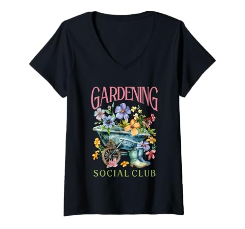Damen Gardening Social Club Schubkarre mit Blumenmuster T-Shirt mit V-Ausschnitt Damen Gardening Social Club Schubkarre mit Blumenmuster T-Shirt mit V-Ausschnitt von Floral Gardening Enthusiasts Society