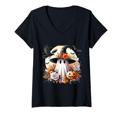 Damen Hexengeist mit Blumen Halloween Motiv T-Shirt mit V-Ausschnitt Damen Hexengeist mit Blumen Halloween Motiv T-Shirt mit V-Ausschnitt von Floral Ghost Halloween