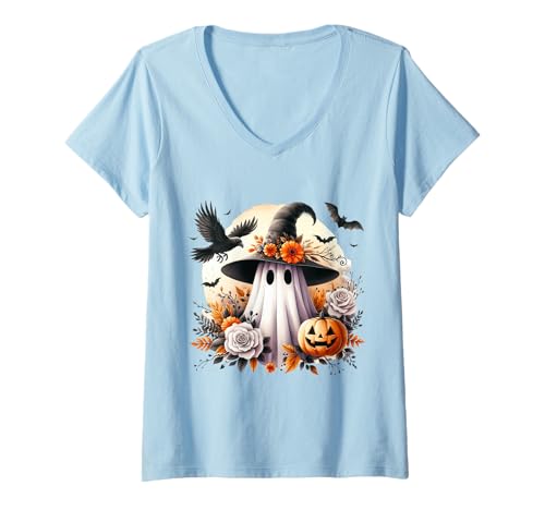 Damen Hexengeist mit Blumen Halloween Motiv T-Shirt mit V-Ausschnitt Damen Hexengeist mit Blumen Halloween Motiv T-Shirt mit V-Ausschnitt von Floral Ghost Halloween