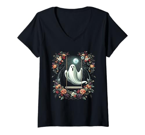 Damen Halloween-Gothic Halloween-Design im Vintage-Stil mit Blumenmotiv T-Shirt mit V-Ausschnitt von Floral Ghost On Swing In Forest Halloween Gothic