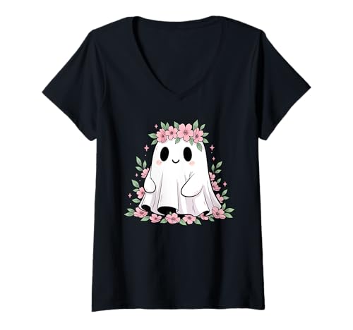 Damen Geistershirt mit Blumenmuster, rosafarbene Blumen, niedlicher gruseliger Oktober T-Shirt mit V-Ausschnitt Damen Geistershirt mit Blumenmuster, rosafarbene Blumen, niedlicher gruseliger Oktober T-Shirt mit V-Ausschnitt von Floral Ghost Tee Shirts for Cute Halloween Fans