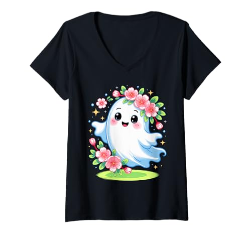 Damen Blumengeist Halloween Kawaii Spirit T-Shirt mit V-Ausschnitt Damen Blumengeist Halloween Kawaii Spirit T-Shirt mit V-Ausschnitt von Floral Ghost Vibes