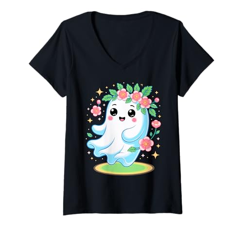 Damen Halloween Kawaii Geist Blumengeist T-Shirt mit V-Ausschnitt Damen Halloween Kawaii Geist Blumengeist T-Shirt mit V-Ausschnitt von Floral Ghost Vibes