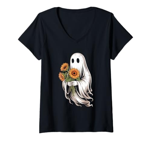 Damen Boo Ghost Sonnenblume Florist Floral Halloween T-Shirt mit V-Ausschnitt Damen Boo Ghost Sonnenblume Florist Floral Halloween T-Shirt mit V-Ausschnitt von Floral Halloween Spooky Botanical Vibes