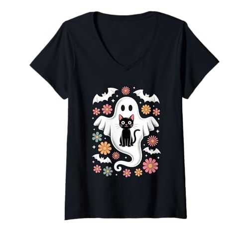 Damen Boo Katzenliebhaber, niedliches Kawaii-Blumenmuster, Halloween T-Shirt mit V-Ausschnitt Damen Boo Katzenliebhaber, niedliches Kawaii-Blumenmuster, Halloween T-Shirt mit V-Ausschnitt von Floral Halloween Spooky Botanical Vibes