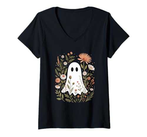 Damen Gruseliger Boo versteckt Sich im Busch Florist Floral Halloween T-Shirt mit V-Ausschnitt Damen Gruseliger Boo versteckt Sich im Busch Florist Floral Halloween T-Shirt mit V-Ausschnitt von Floral Halloween Spooky Botanical Vibes