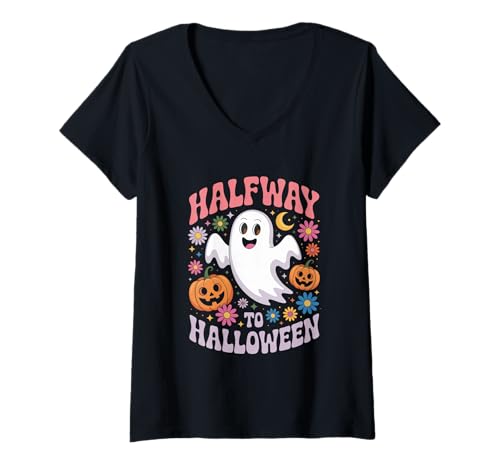 Damen Halfway Halloween Florist Floral Halloween T-Shirt mit V-Ausschnitt Damen Halfway Halloween Florist Floral Halloween T-Shirt mit V-Ausschnitt von Floral Halloween Spooky Botanical Vibes