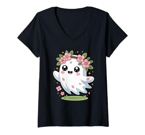 Damen Kawaii Ghost Cartoon Boo Florist Floral Halloween T-Shirt mit V-Ausschnitt Damen Kawaii Ghost Cartoon Boo Florist Floral Halloween T-Shirt mit V-Ausschnitt von Floral Halloween Spooky Botanical Vibes