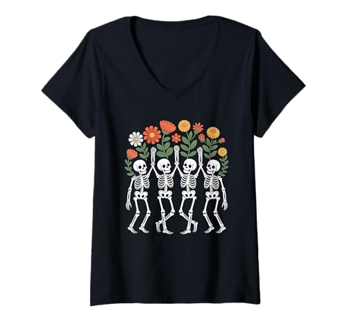 Damen Lustige tanzende Skelette Florist Floral Halloween T-Shirt mit V-Ausschnitt Damen Lustige tanzende Skelette Florist Floral Halloween T-Shirt mit V-Ausschnitt von Floral Halloween Spooky Botanical Vibes