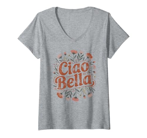 Damen Ciao Bella Italy Ästhetischer Retro-Stil, minimalistischer Gartenstil T-Shirt mit V-Ausschnitt Damen Ciao Bella Italy Ästhetischer Retro-Stil, minimalistischer Gartenstil T-Shirt mit V-Ausschnitt von Floral Italia Mood Venice Sicilia Foodie Vibes
