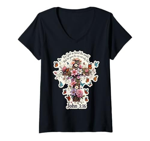 Damen Floral John 3:16 Bibelvers for God So Loved The World T-Shirt mit V-Ausschnitt Damen Floral John 3:16 Bibelvers for God So Loved The World T-Shirt mit V-Ausschnitt von Floral John 3:16 Bible Verse Products