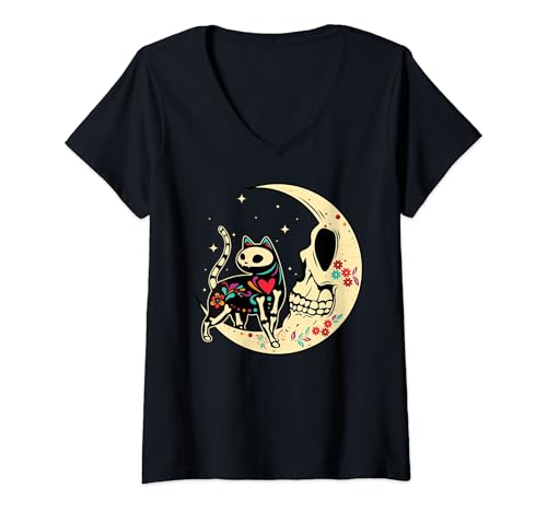 Damen Cat Moon Mexican Souls Day Of Dead Dia De Los Muertos Floral T-Shirt mit V-Ausschnitt Damen Cat Moon Mexican Souls Day Of Dead Dia De Los Muertos Floral T-Shirt mit V-Ausschnitt von Floral Mexican Halloween Día De Los Muertos Gift