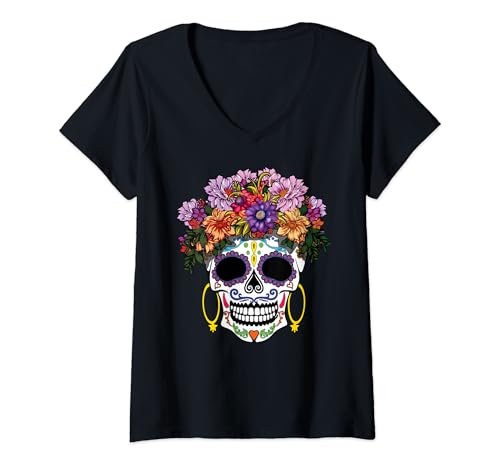 Damen Floral Skelett Mexican Souls Dia De Los Muertos Halloween T-Shirt mit V-Ausschnitt Damen Floral Skelett Mexican Souls Dia De Los Muertos Halloween T-Shirt mit V-Ausschnitt von Floral Mexican Halloween Día De Los Muertos Gift