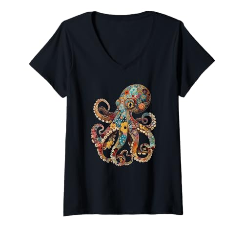 Damen Octopus Floral Vintage Blumen Tintenfisch Kraken Tauchen T-Shirt mit V-Ausschnitt von Floral Octopus - Scuba Diving Co.