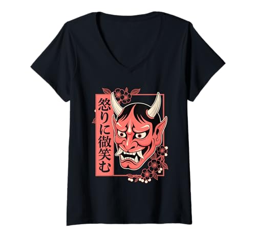 Damen Rote Oni-Maske mit Kirschblüten, japanischer Kulturliebhaber T-Shirt mit V-Ausschnitt Damen Rote Oni-Maske mit Kirschblüten, japanischer Kulturliebhaber T-Shirt mit V-Ausschnitt von Floral Oni Threads