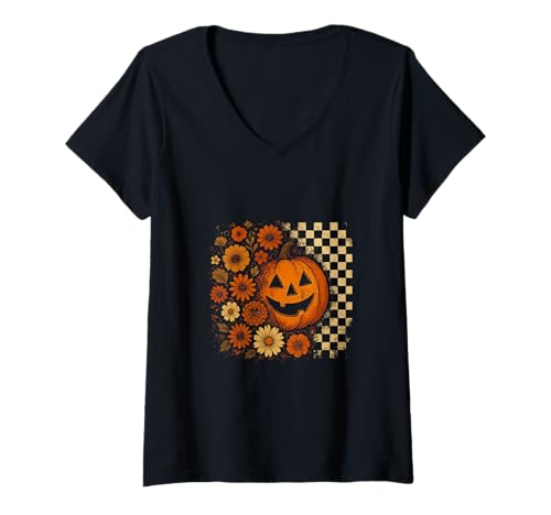 Damen Floral Kürbis Shirt Retro Halloween Herbst Blumen Checker T-Shirt mit V-Ausschnitt Damen Floral Kürbis Shirt Retro Halloween Herbst Blumen Checker T-Shirt mit V-Ausschnitt von Floral Pumpkin Tee Shirts for Autumn Fans