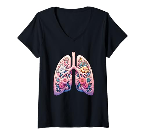 Damen Blumiges Lungenblühendes Atemkunst-Design T-Shirt mit V-Ausschnitt Damen Blumiges Lungenblühendes Atemkunst-Design T-Shirt mit V-Ausschnitt von Floral Respiratory Blossoming Art Lovers Wear