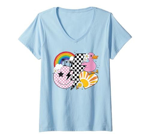 Damen Retro Happy Face Duck Regenbogen Herz Lightning Bolt Ästhetik T-Shirt mit V-Ausschnitt Damen Retro Happy Face Duck Regenbogen Herz Lightning Bolt Ästhetik T-Shirt mit V-Ausschnitt von Floral Retro Happy Face Summer Shirt Collection