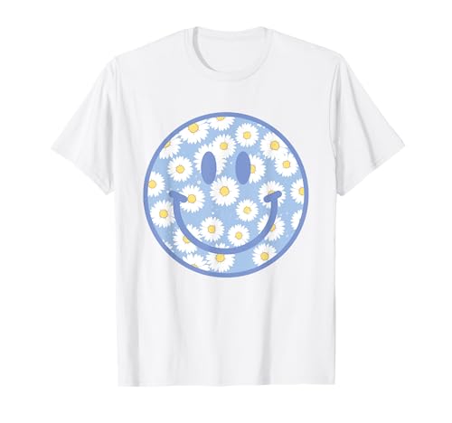 Süßes blaues Happy Face T-Shirt mit Gänseblümchen im Retro-Stil für Damen T-Shirt Süßes blaues Happy Face T-Shirt mit Gänseblümchen im Retro-Stil für Damen T-Shirt von Floral Retro Happy Face Summer Shirt Collection