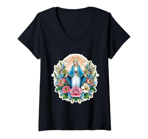 Damen Blumige Heilige Maria Santa Maria Christian Panagia Segen T-Shirt mit V-Ausschnitt Damen Blumige Heilige Maria Santa Maria Christian Panagia Segen T-Shirt mit V-Ausschnitt von Floral Saint Mary Santa Maria Christian Products
