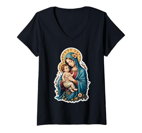 Damen Blumige Heilige Maria mit Jesuskind Christus Santa Maria Panagia T-Shirt mit V-Ausschnitt von Floral Saint Mary With Baby Jesus Christ Products