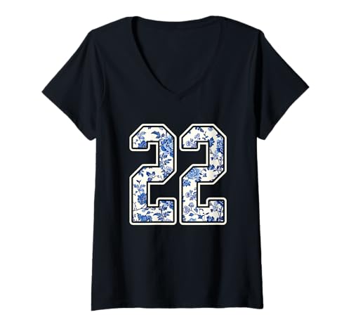 Damen #22 Weiß Blume Nummer 22 Sport Fan Jersey Style T-Shirt mit V-Ausschnitt von Floral Sports Team Football Group Costume Tees
