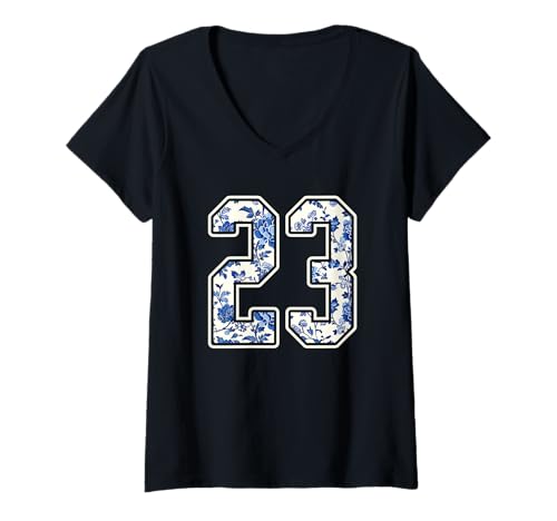Damen #23 Weiß Blume Nummer 23 Sport Fan Jersey Style T-Shirt mit V-Ausschnitt von Floral Sports Team Football Group Costume Tees
