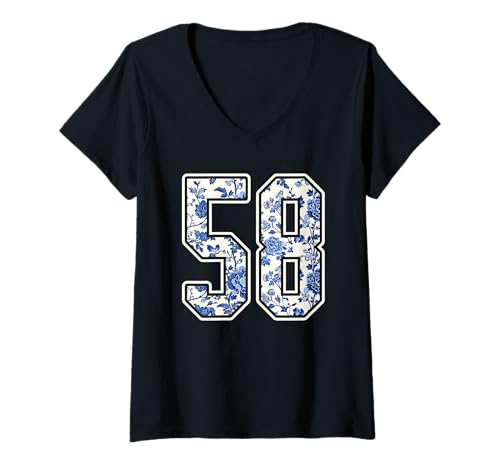 Damen #58 Weiß Blume Nummer 58 Sport Fan Jersey Style T-Shirt mit V-Ausschnitt von Floral Sports Team Football Group Costume Tees