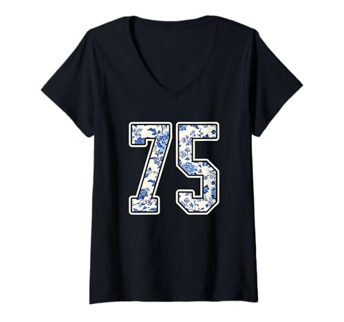 Damen #75 Weiß Blume Nummer 75 Sport Fan Jersey Style T-Shirt mit V-Ausschnitt von Floral Sports Team Football Group Costume Tees
