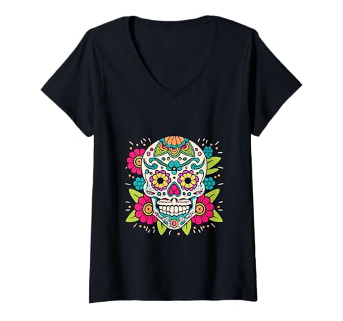Damen Floral Sugar Skull Day of Dead Dia de Los Muertos Damen Mädchen T-Shirt mit V-Ausschnitt von Floral Sugar Skull Day of Dead Dia de Los Muertos
