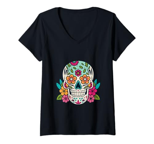 Damen Floral Sugar Skull Day of Dead Dia de Los Muertos Damen Mädchen T-Shirt mit V-Ausschnitt von Floral Sugar Skull Day of Dead Dia de Los Muertos