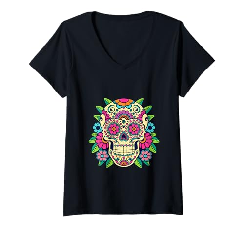 Damen Floral Sugar Skull Day of Dead Dia de Los Muertos Damen Mädchen T-Shirt mit V-Ausschnitt von Floral Sugar Skull Day of Dead Dia de Los Muertos