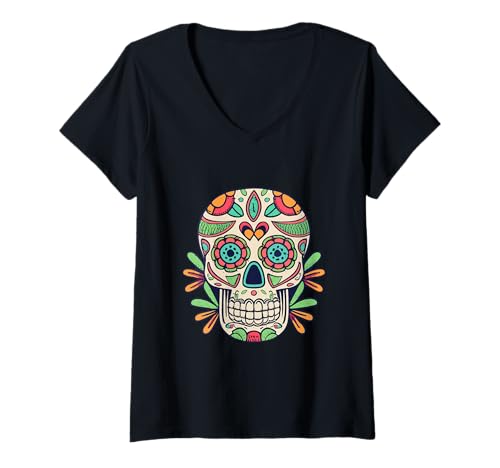 Damen Floral Sugar Skull Day of Dead Dia de Los Muertos Damen Mädchen T-Shirt mit V-Ausschnitt von Floral Sugar Skull Day of Dead Dia de Los Muertos