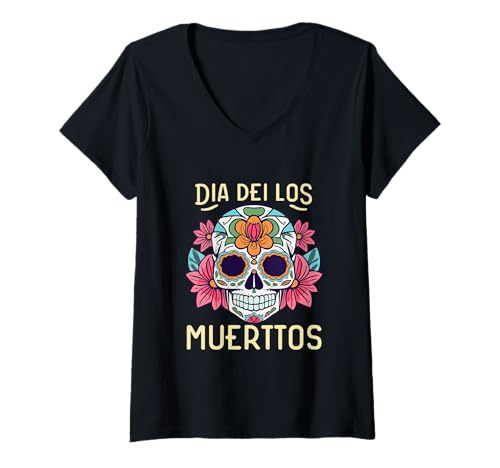 Damen Floral Sugar Skull Day of Dead Dia de Los Muertos Damen Mädchen T-Shirt mit V-Ausschnitt von Floral Sugar Skull Day of Dead Dia de Los Muertos