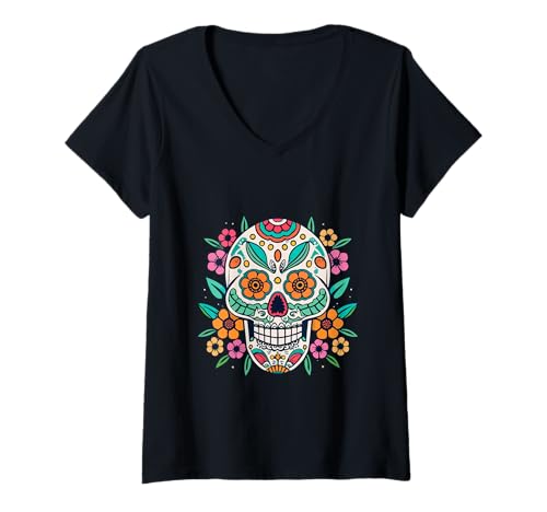 Damen Floral Sugar Skull Day of Dead Dia de Los Muertos Damen Mädchen T-Shirt mit V-Ausschnitt von Floral Sugar Skull Day of Dead Dia de Los Muertos