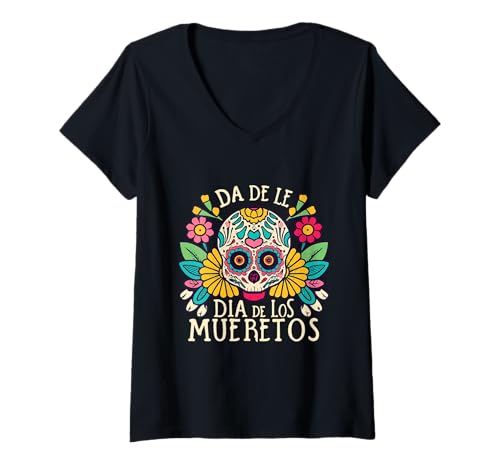 Damen Floral Sugar Skull Day of Dead Dia de Los Muertos Damen Mädchen T-Shirt mit V-Ausschnitt von Floral Sugar Skull Day of Dead Dia de Los Muertos