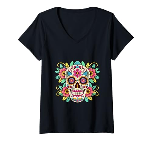 Damen La Catrina Halloween mit Blumen-Zuckerschädel von Dia De Los Muertos T-Shirt mit V-Ausschnitt von Floral Sugar Skull Day of Dead Dia de Los Muertos