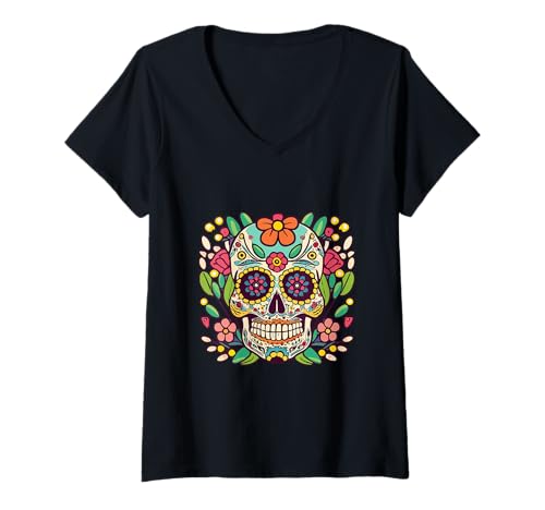 Damen La Catrina Halloween mit Blumen-Zuckerschädel von Dia De Los Muertos T-Shirt mit V-Ausschnitt von Floral Sugar Skull Day of Dead Dia de Los Muertos