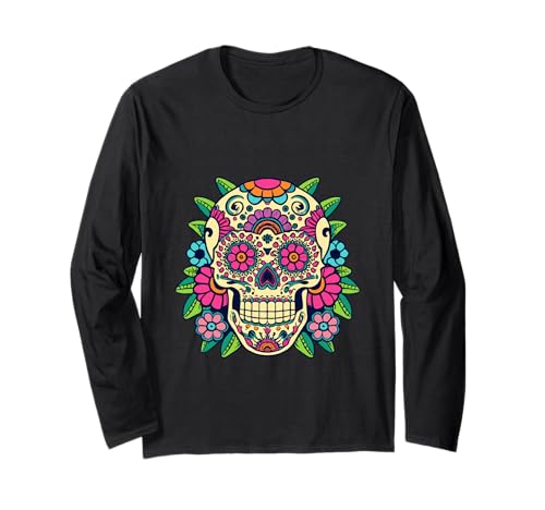 Floral Sugar Skull Day of Dead Dia de Los Muertos Damen Mädchen Langarmshirt von Floral Sugar Skull Day of Dead Dia de Los Muertos