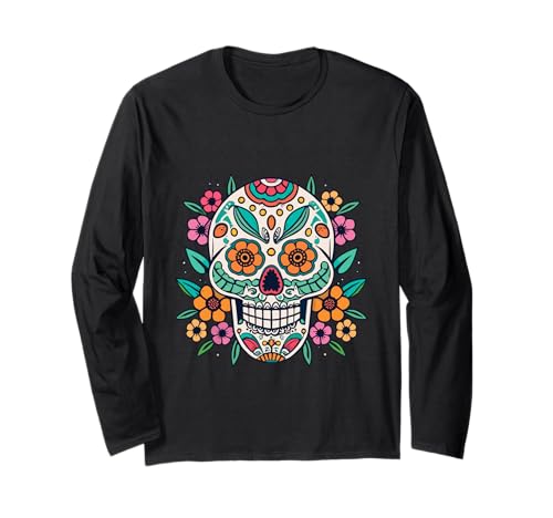 Floral Sugar Skull Day of Dead Dia de Los Muertos Damen Mädchen Langarmshirt von Floral Sugar Skull Day of Dead Dia de Los Muertos