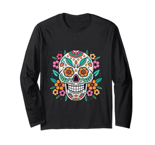 Floral Sugar Skull Day of Dead Dia de Los Muertos Damen Mädchen Langarmshirt von Floral Sugar Skull Day of Dead Dia de Los Muertos