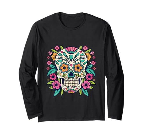 Floral Sugar Skull Day of Dead Dia de Los Muertos Damen Mädchen Langarmshirt von Floral Sugar Skull Day of Dead Dia de Los Muertos