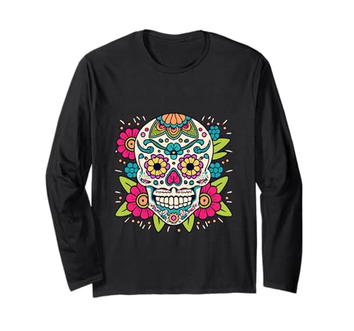 Floral Sugar Skull Day of Dead Dia de Los Muertos Damen Mädchen Langarmshirt von Floral Sugar Skull Day of Dead Dia de Los Muertos
