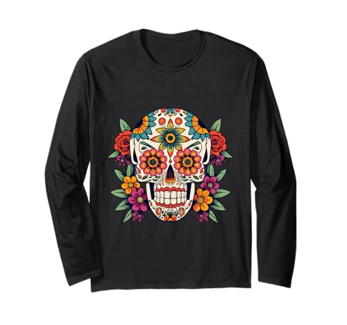Floral Sugar Skull Day of Dead Dia de Los Muertos Damen Mädchen Langarmshirt von Floral Sugar Skull Day of Dead Dia de Los Muertos