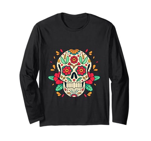 Floral Sugar Skull Day of Dead Dia de Los Muertos Damen Mädchen Langarmshirt von Floral Sugar Skull Day of Dead Dia de Los Muertos