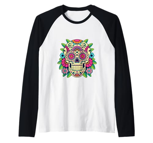 Floral Sugar Skull Day of Dead Dia de Los Muertos Damen Mädchen Raglan von Floral Sugar Skull Day of Dead Dia de Los Muertos