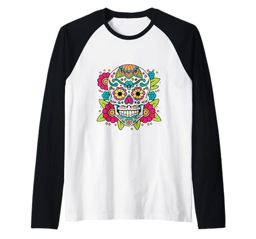 Floral Sugar Skull Day of Dead Dia de Los Muertos Damen Mädchen Raglan von Floral Sugar Skull Day of Dead Dia de Los Muertos