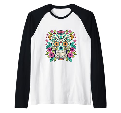 Floral Sugar Skull Day of Dead Dia de Los Muertos Damen Mädchen Raglan von Floral Sugar Skull Day of Dead Dia de Los Muertos